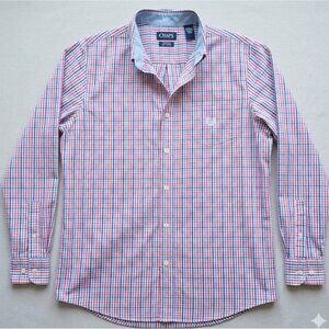 Chaps Mens size M Easy Care Stretch Shirt Classic Fit Pink & Blue Plaid Button-D